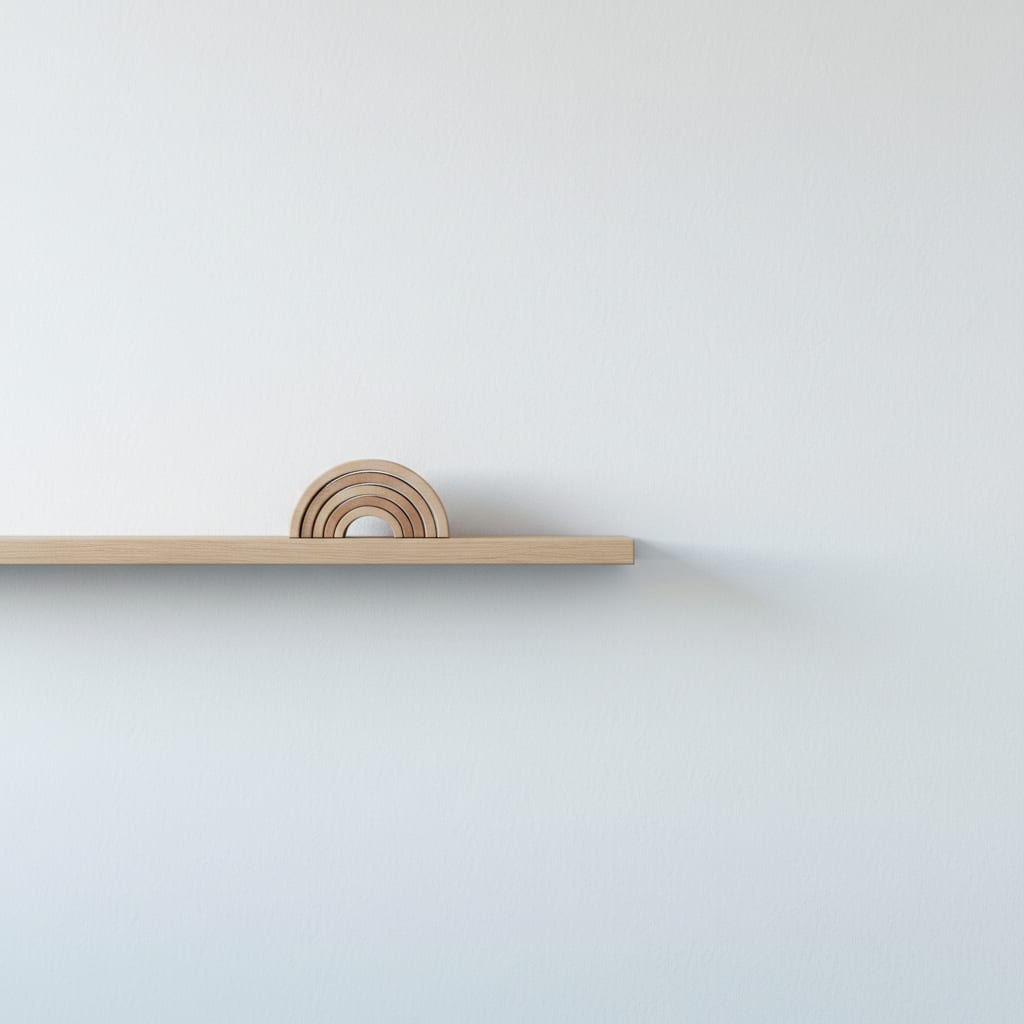 A single wooden toy on an otherwise bare white shelf